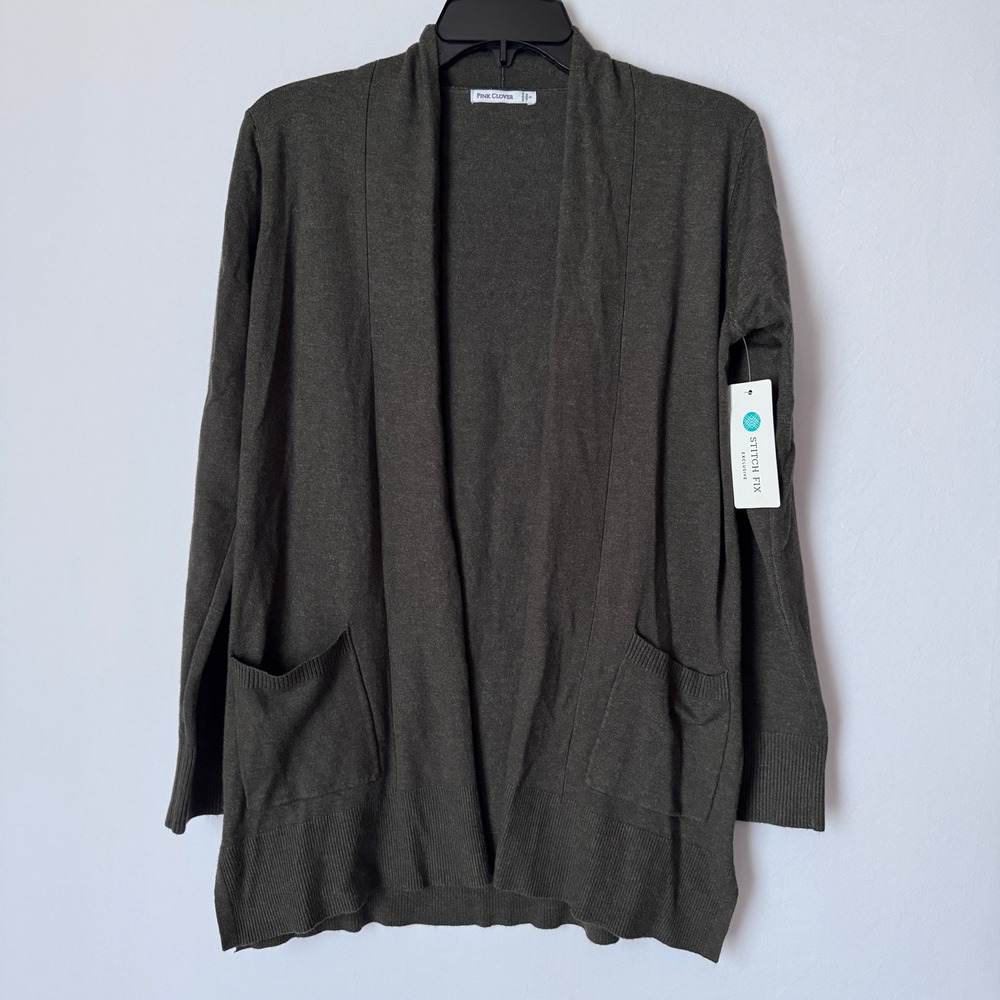 Pink Clover Cardigan Open Front Women S Olive Green Lightweight Pockets NWT